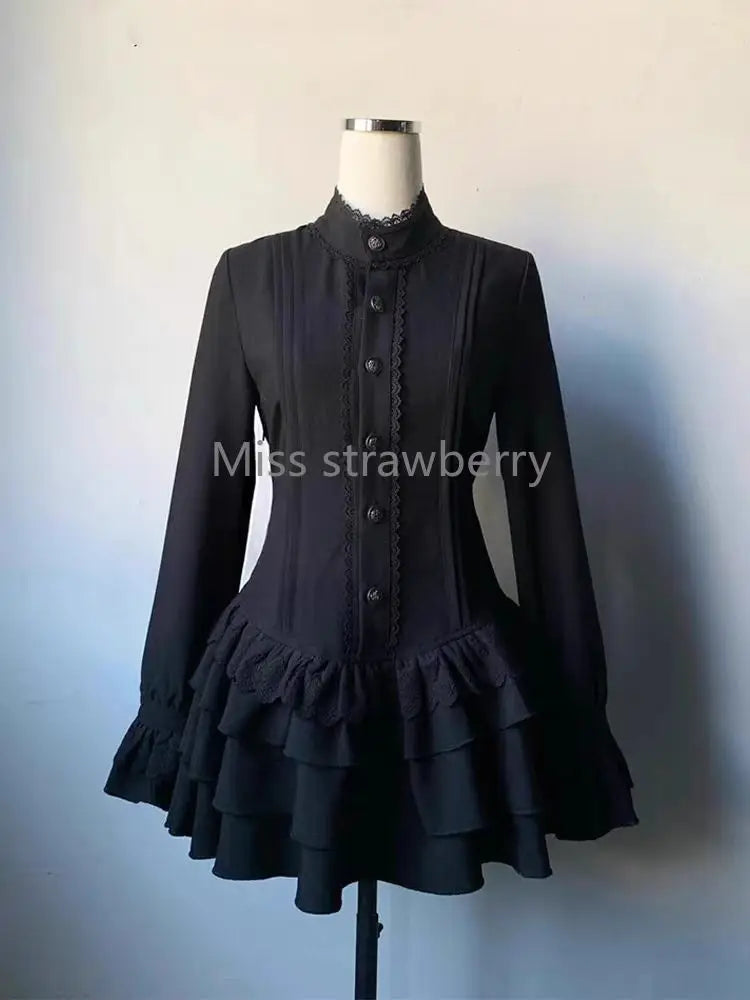 Women's Spring Vintage Gothic Lace-Up Dress | High Street Black Lolita Slim Fit Mini Dress | Y2k Lace Full Sleeve Ball Gown Clothing | Premium Tatting Half High Collar Dress Model 2503273Y Luxegan