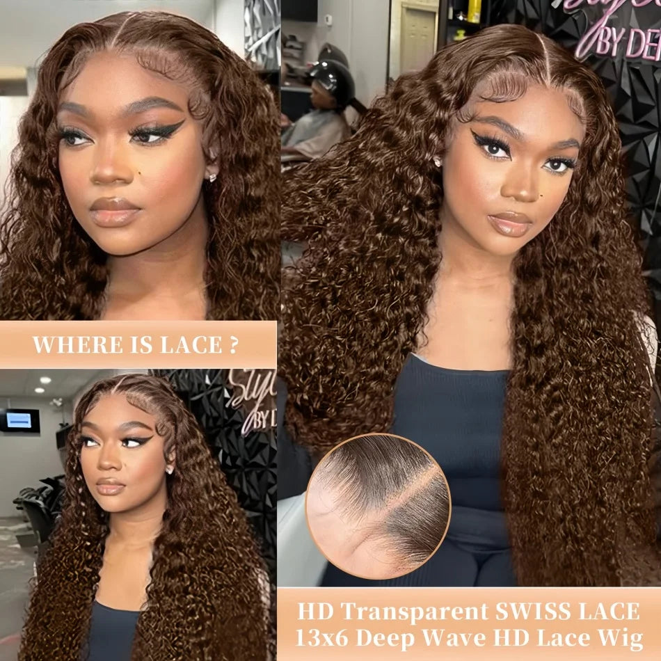 30-Inch Chocolate Brown Loose Deep Wave HD Lace Wig | Sophisticated 13x6 &amp; 13x4 Transparent Frontal | Elegant "100% Brazilian Remy" Silhouette | "Dignified" Pre-Plucked Curly Human Hair for Radiant Versatile Styling
