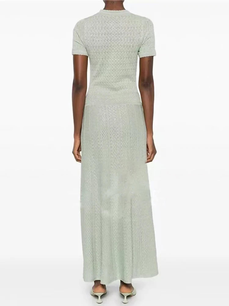O-Neck Pearl Button Knit Midi Dress | Short Sleeve Slim Elegant Office Lady Spring Summer Dress Luxegan