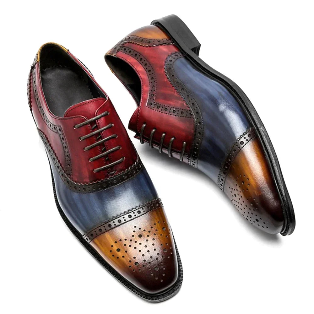 Color Block Genuine Leather Oxford Shoes | Sophisticated Tricolor Cap Toe Brogues | Elegant "Full Grain Cowhide" Silhouette | "Dignified" Gentleman’s Dress Shoes for Radiant Versatile Business & Party Styling Luxegan