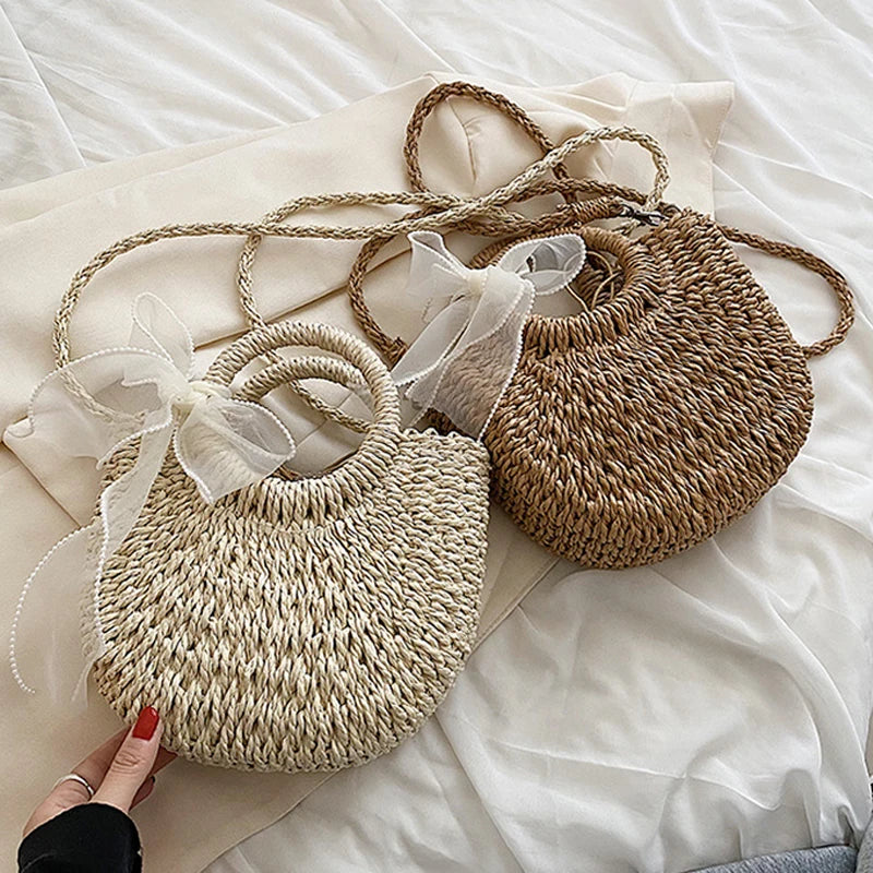 Hand-Woven Circular Straw Tote | Sophisticated Bohemian Rattan Purse | Elegant Floral-Accent Beach Bag | "Dignified" Soft Wicker Handbag for Versatile Summer Styling Luxegan