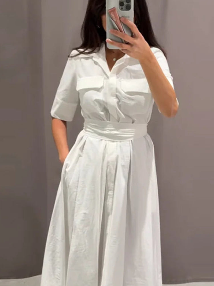 Striped & Solid Turn-Down Collar Half Sleeve Button Single-Breasted Regular Fit A-Line Mid-Calf Dress – Empire Waist, All Season Luxegan