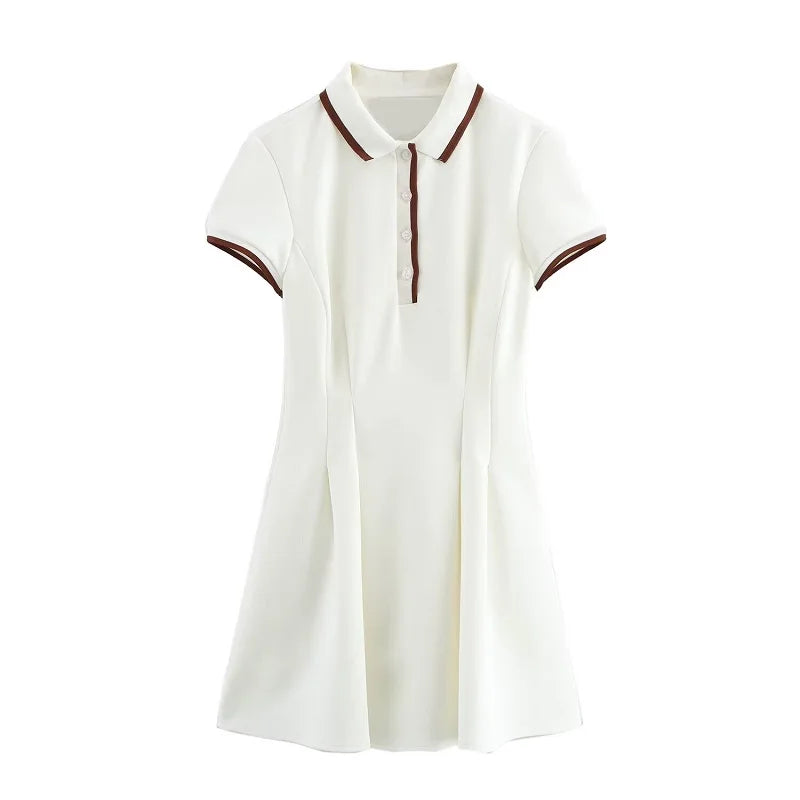 Women's Preppy Style Pleated Mini Dress | Elegant Turn-Down Collar Buttoned Gown | Short Sleeve Spring Summer Uniform Dress | Premium Tatting Slight Stretch Regular Fit Sheath Vestido Luxegan