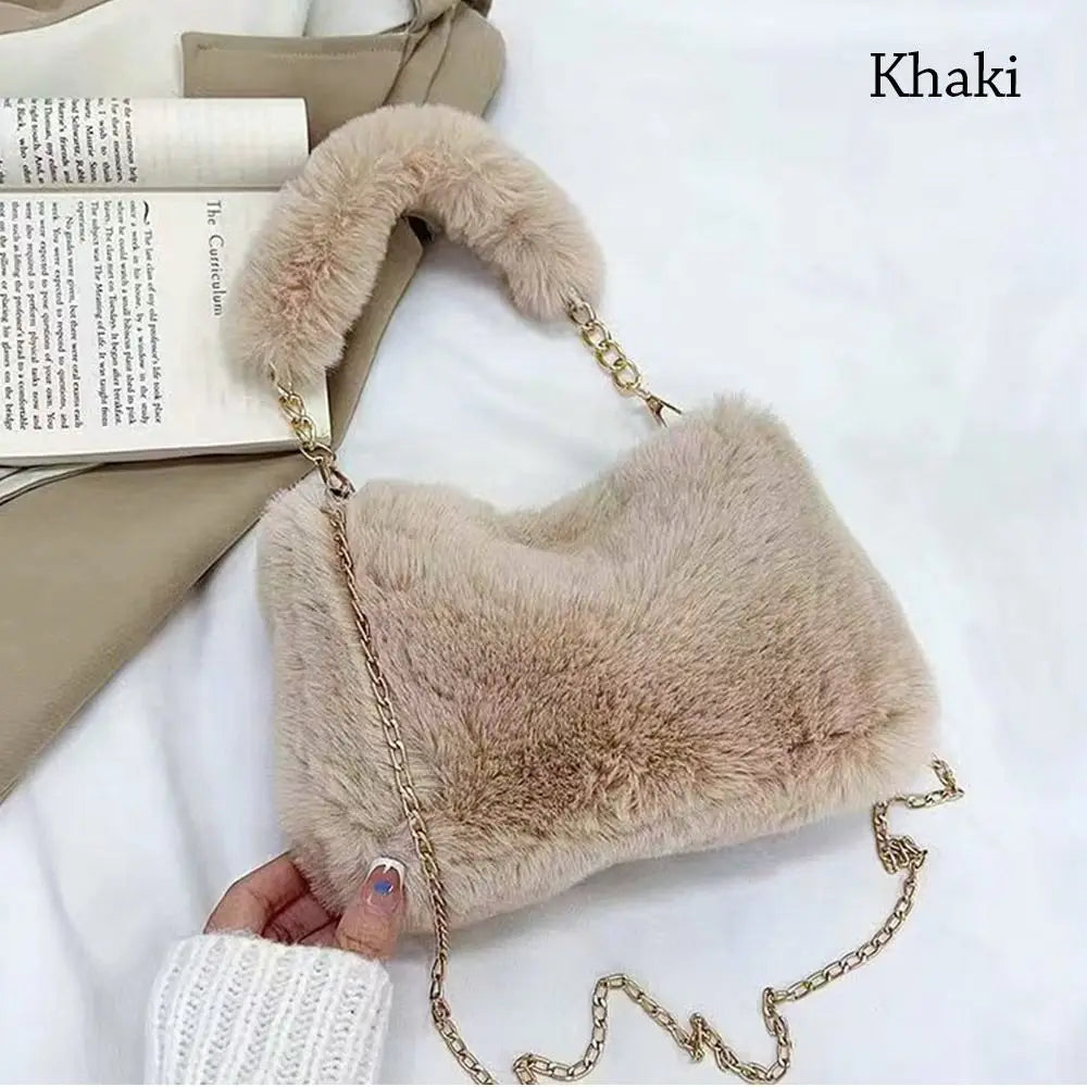 Fashion Women’s Fluffy Shoulder Bag | Sophisticated Winter Plush Underarm Bag | Elegant Solid Color Handbag with Chain Detail | Soft Handle Bag for Parties and Social Events Luxegan