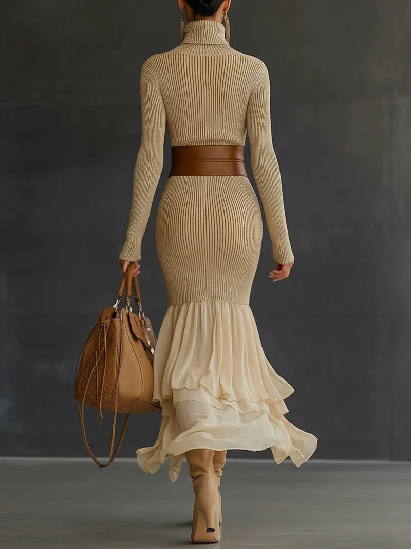 Women's Elegant Knitted Turtleneck Bodycon Dress | Classic Chiffon Patchwork Autumn Long Dress | Vintage Slim Full-Sleeve Ankle-Length Gown | Premium Slight Stretch Knit Mermaid Dress Luxegan