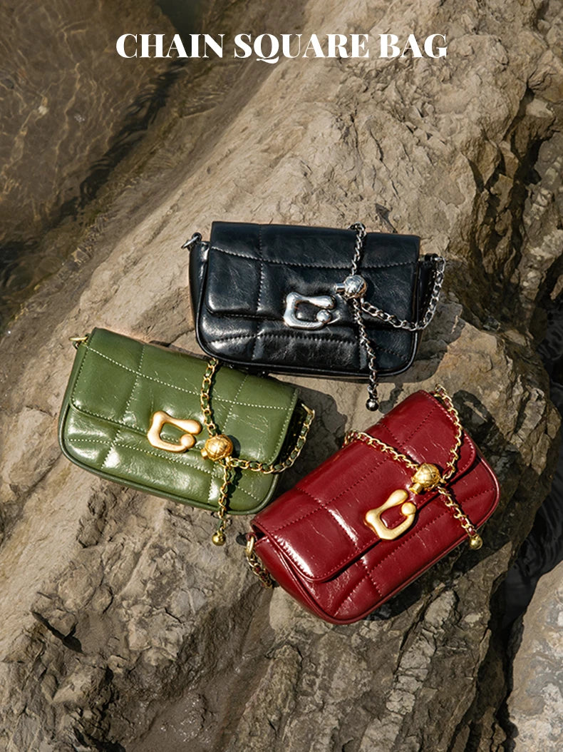 Genuine Leather Crossbody Bag | Luxury Brand Shoulder Bag with Chain Strap & Unique Design Quilted Handbag Luxegan