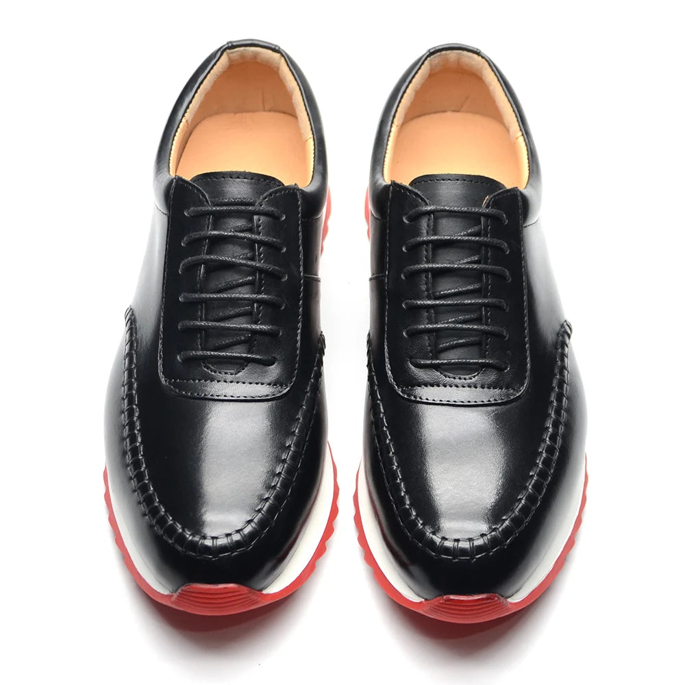 Classy Men's Genuine Leather Low Top Sneakers | Red Bottom Lace-Up Casual Dress Shoes (Breathable) Luxegan