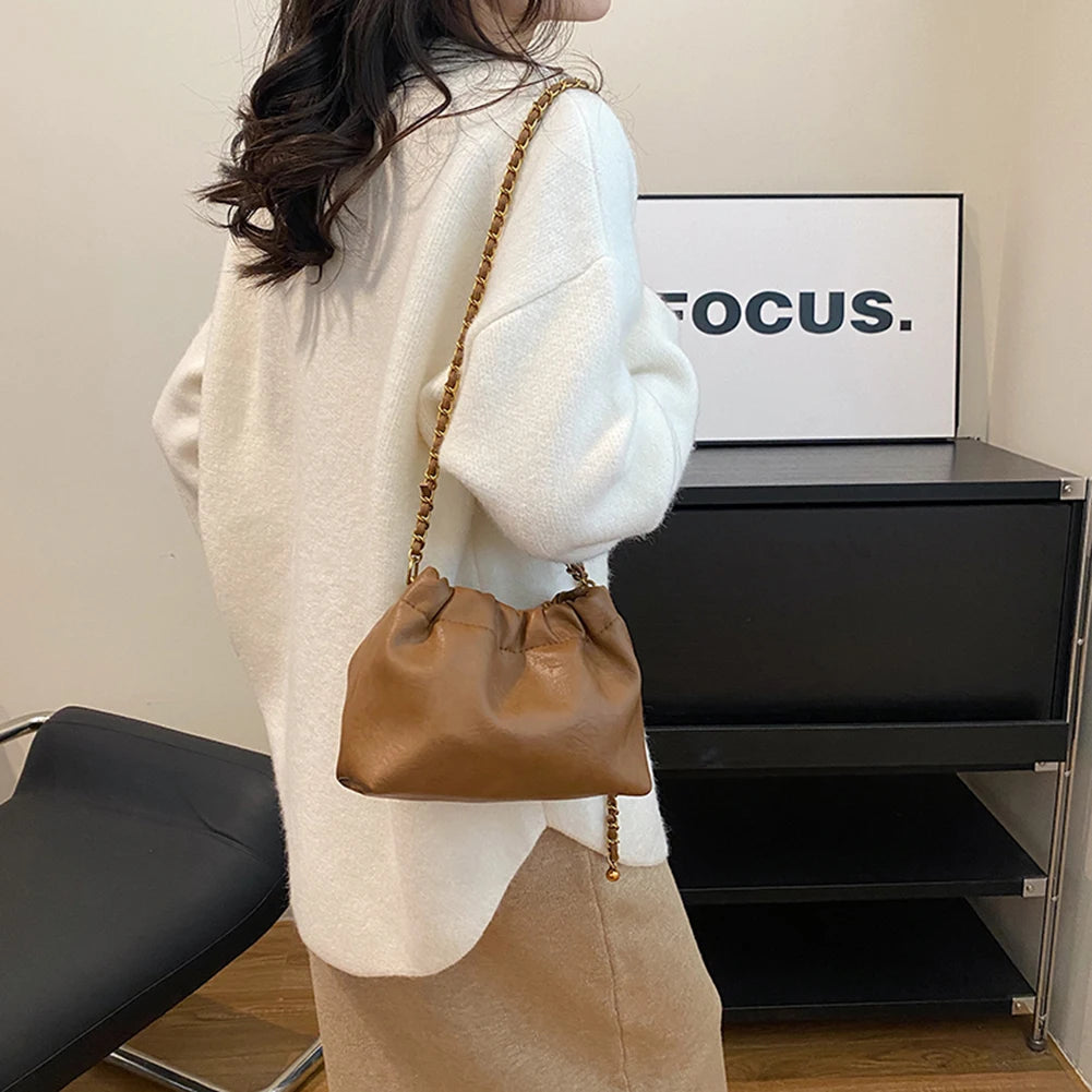 Women Chain Shoulder Bag | Versatile Crossbody Tote Bag | Casual Pleated Hobo Bag PU Leather Satchel Sling Bag Girl Stylish Purse Luxegan