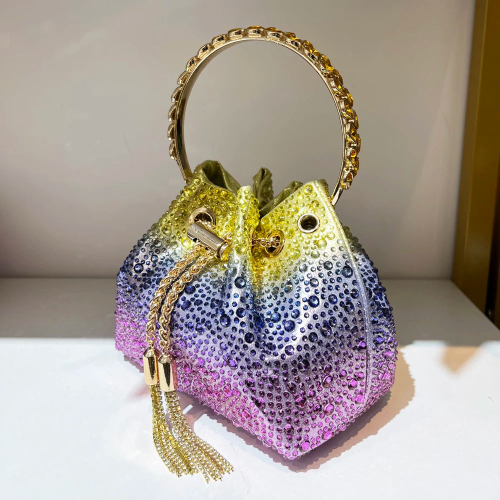 Luxury Designer Rhinestone Evening Clutch | Shiny Crystal Bucket Handbag & Fashion Shoulder Bag Luxegan