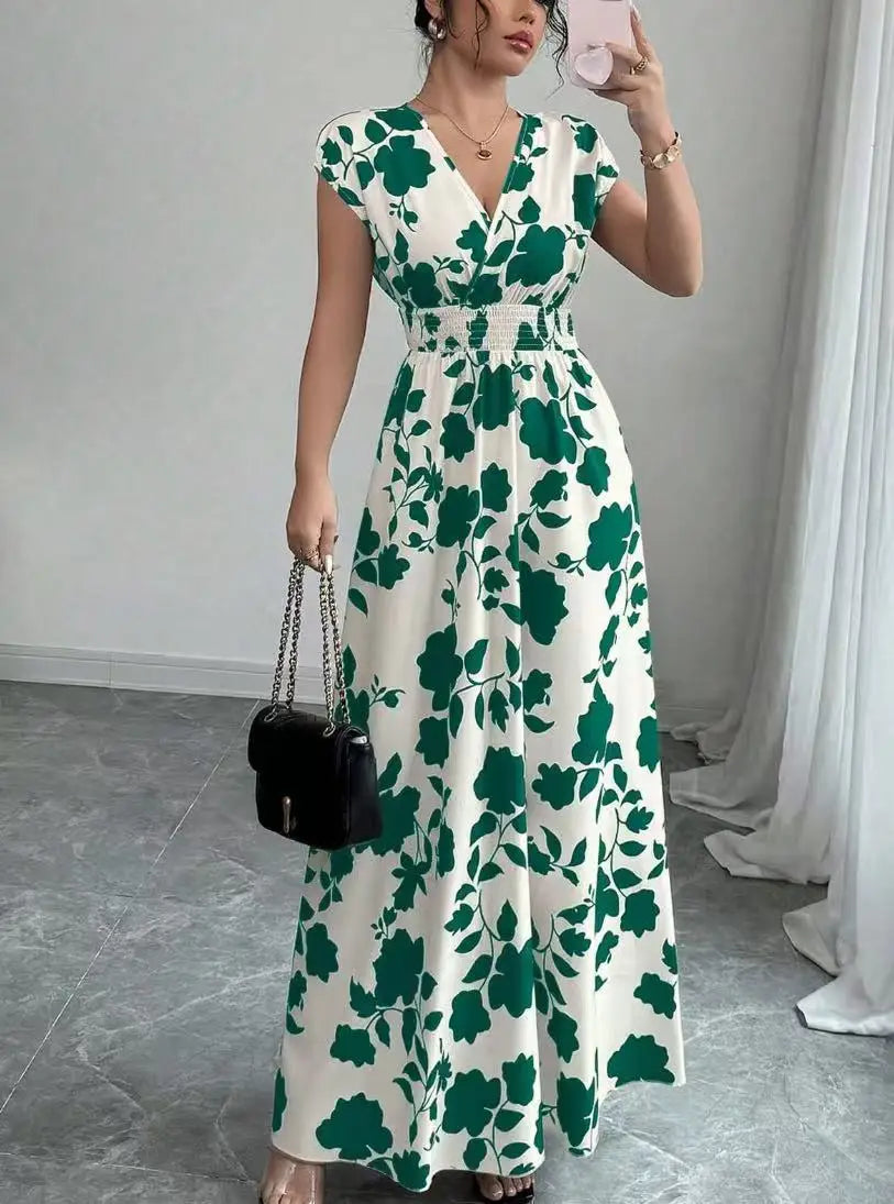 Print Casual V-Neck Short Sleeve Regular Fit Loose Knee-Length Dress – Polyester and Cotton, Natural Waist, Spring/Summer Luxegan