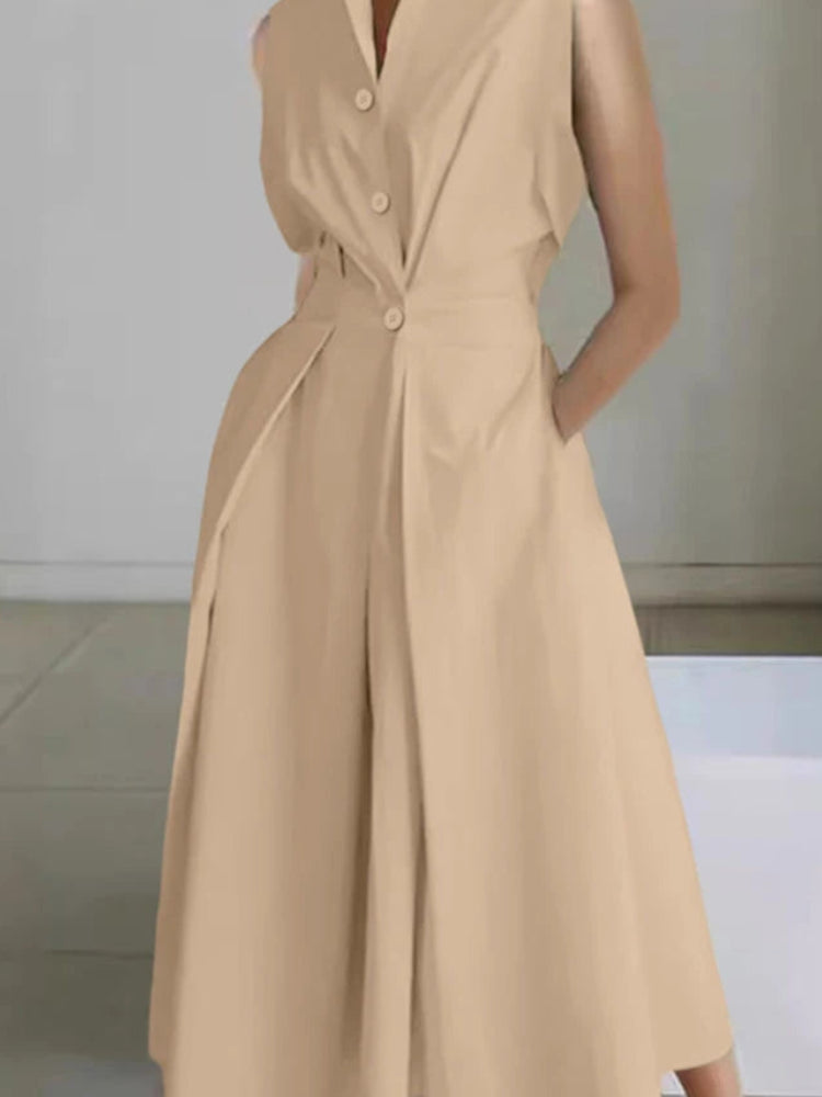 Solid Turn-Down Collar Short Sleeve Regular Fit A-Line Ankle-Length Dress – Polyester, Empire Waist, Summer Luxegan