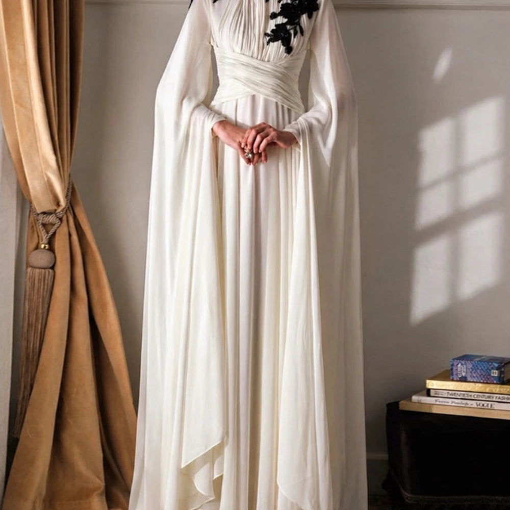 Floral Draped A-Line Prom Dress | High-Neck Full Sleeve Floor-Length Evening Gown Luxegan