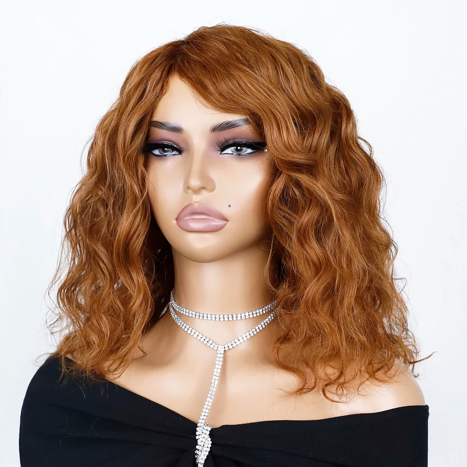 Glueless Short Curly Bob Wig with Fringe Bangs | Honey Brown Mixed Blonde Highlight Water Wave Wig | 100% Brazilian Remy Human Hair Side-Part Pre-Plucked Fluffy Curly Wig for Women Luxegan