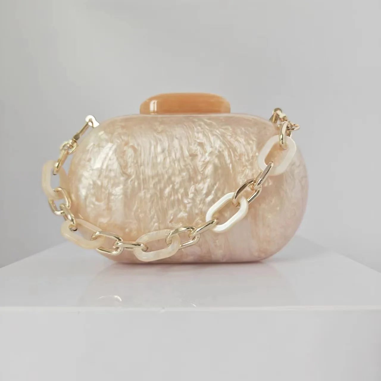Acrylic Oval Evening Clutch | Sophisticated Hard-Shell Party Handbag | Elegant Prom Barrel-Shaped Purse | "Dignified" Modern Acrylic Phone Clutch with Stylish Chain Detail Luxegan
