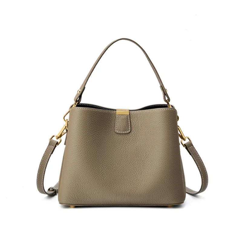 100% Cow Genuine Leather Bucket Bag | Luxury Designer Wide Strap Tote Luxegan