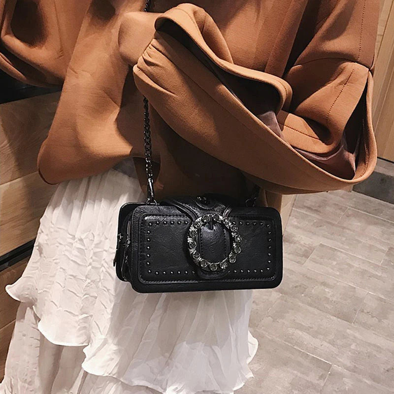 Vintage Round Rhinestone Buckle Shoulder Bag | Fashion Punk Design Top-Handle Crossbody Bag (Popular Rivets Decor Purse for Women) Luxegan