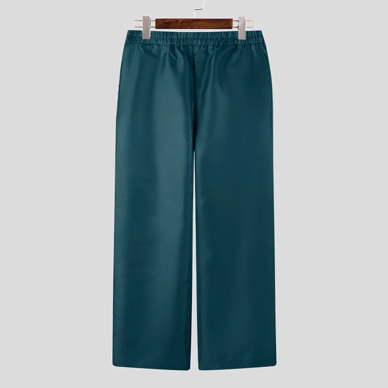 Shiny Elastic Waist Joggers | Sophisticated Mid-Waist Straight Silhouette | Elegant "Full-Length" Streetwear Fashion | "Dignified" Pleated Party Trousers for Radiant Versatile Styling