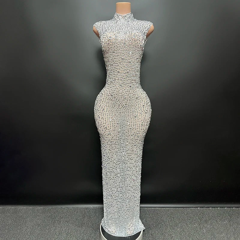 Luxurious Rhinestone Celebration Party Dress | Sparkling Couture Baby Shower Gown | One-Shoulder Turtleneck Medium-Stretch Sheath Dress Luxegan
