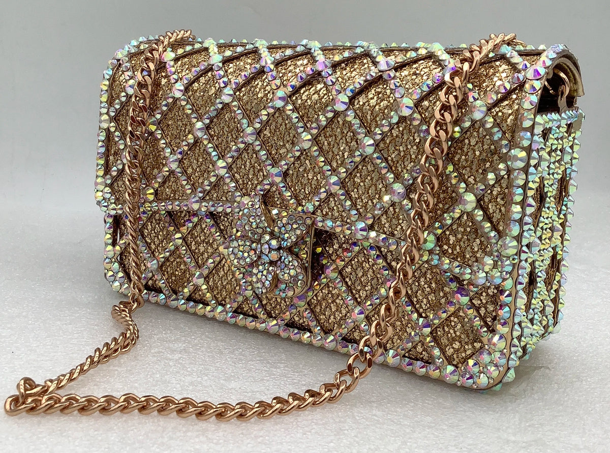 Luxury Jeweled Minaudière Clutch | Long Chain Messenger Messenger Bag for Party & Wedding | Diamond & Gem Encrusted Metallic Handbag | Women’s High-Fashion Evening Shoulder Bag (Model 01) Luxegan