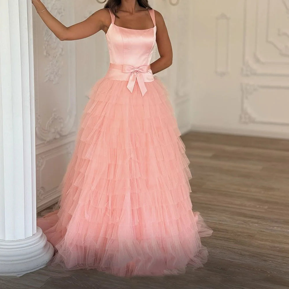 ow Tiered A-Line Evening Gown | Square Collar Sleeveless Floor-Length Prom Dress Luxegan