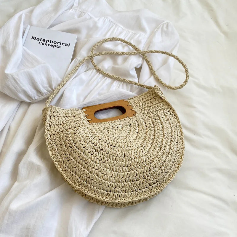 Minimalist Bohemian Half-Moon Straw Tote | Soft Rattan Beach Handbag Luxegan