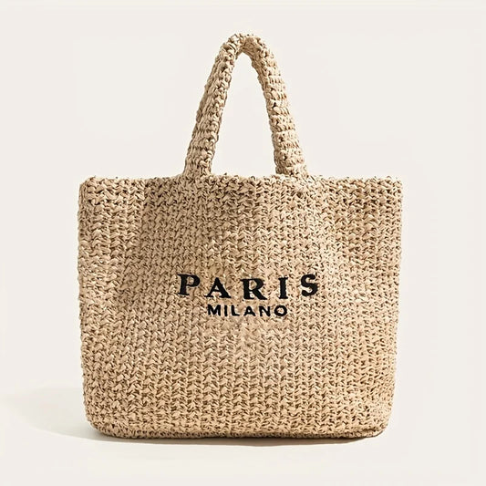 Paper Straw Solid Casual Tote | Soft Large Capacity Handmade Woven Beach Bag Luxegan