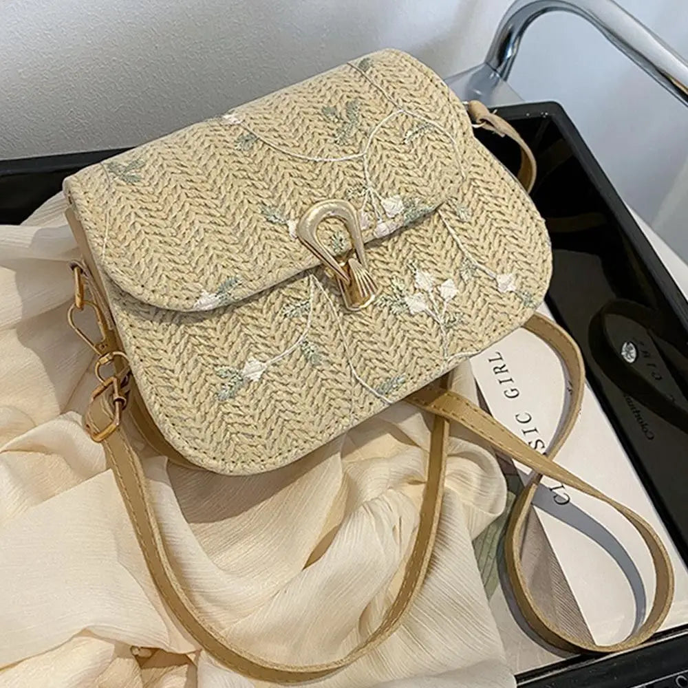 Flower Woven Saddle Bag | Cute Straw & Lace Embroidery Handbag Luxegan