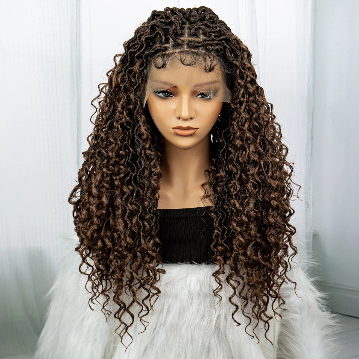 Faux Locs Braided Wigs Synthetic Dreadlock Braided Wigs With Curly Ends 26inch Lace Front Knotless Box Braids Wig with Baby Hair Luxegan