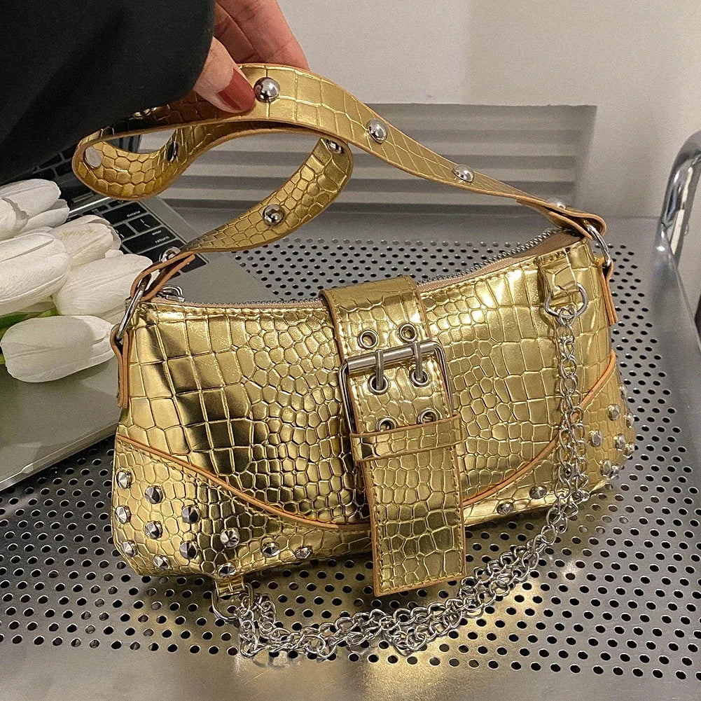 Fashion Women's Y2K Armpit Bag | Luxury Design Pleated Underarm Bag (Solid Color Shoulder Messenger Hobo Handbag with Chains & Rivets) Luxegan