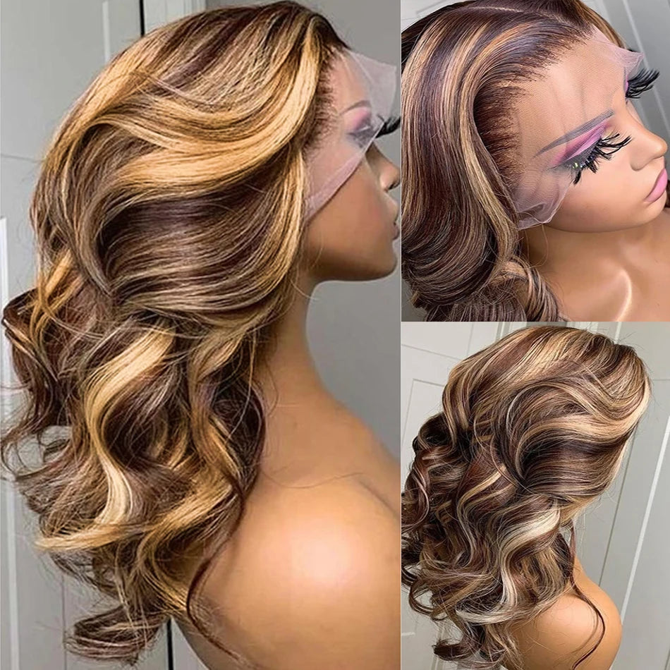 Honey Blonde Highlight Body Wave HD Lace Wig | Sophisticated 13x6 Transparent Frontal | Elegant "Brazilian Remy" Silhouette | "Dignified" Pre-Plucked Ombre Colored Human Hair for Radiant Versatile Styling Luxegan