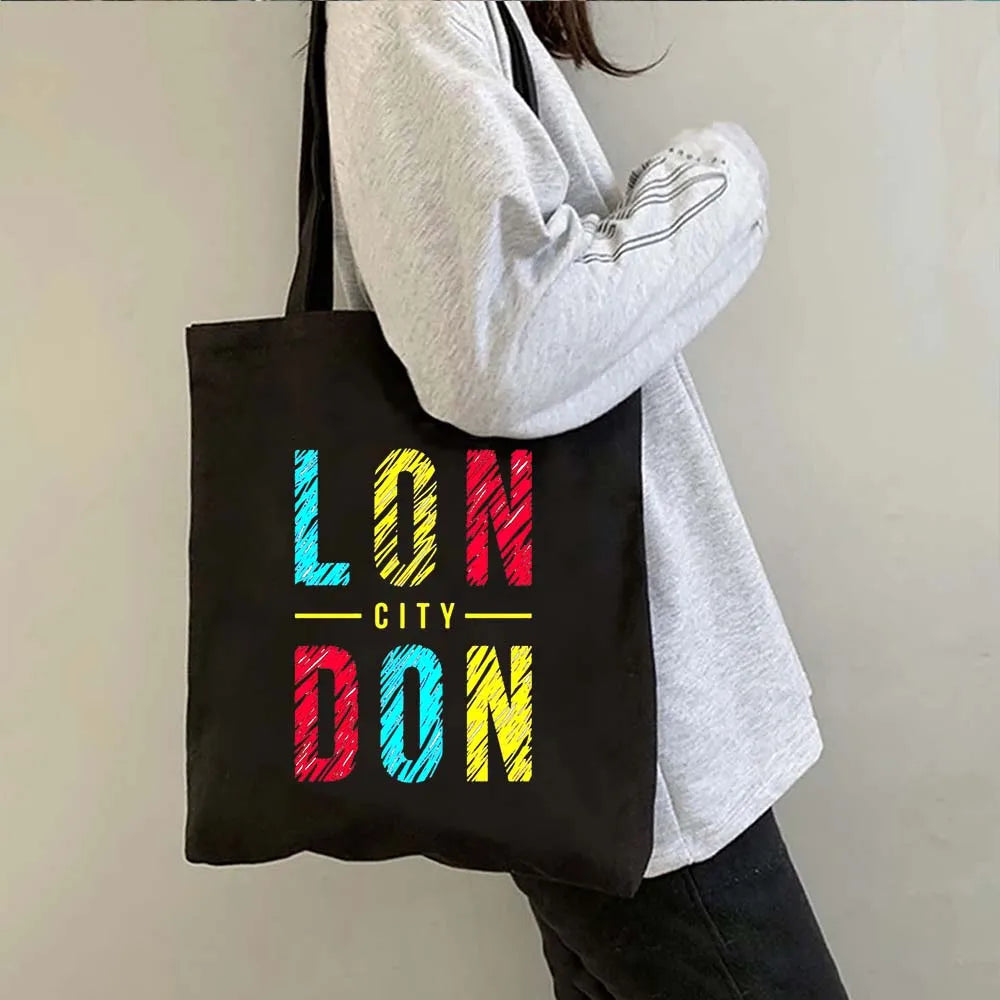 London Big Ben England Map Flag Canvas Tote Bag | UK City Landscape Skyline Shoulder Shopping Handbag (Women's Tourist Gift) Luxegan