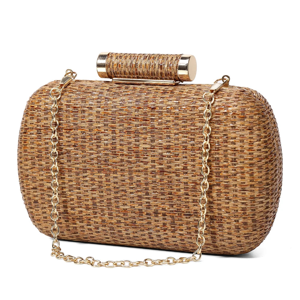 Summer Crochet Vintage Dinner Bag | Hand-Woven Straw Weaving Clutch Bag & Chain Crossbody Bag Luxegan