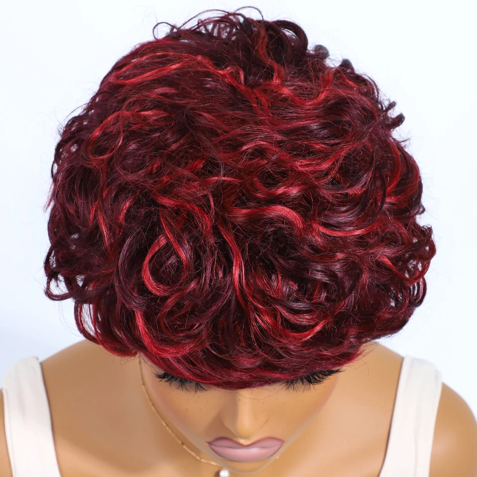 Pixie Short Cut Wavy Curly Human Hair Wig | Brazilian Remy Machine Made Wig for Women Luxegan