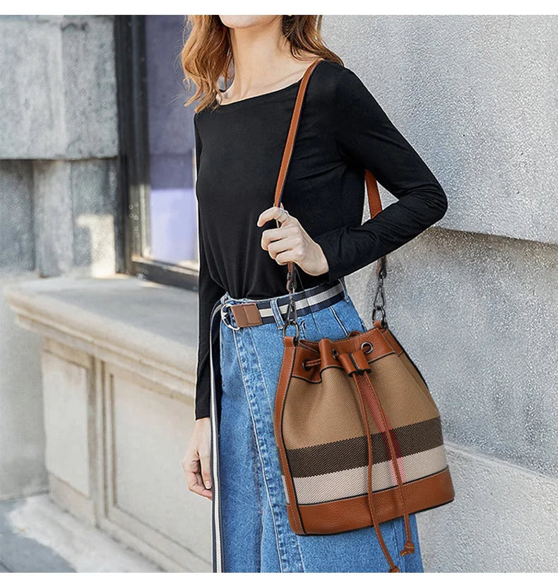 Checkered Plaid Canvas & Cowhide Bucket Bag | Women's Fashion Drawstring Crossbody | Caramel Leather Trimmed Shoulder Purse | Versatile Plaid Bucket Handbag Luxegan