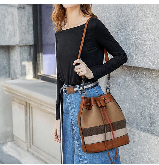 Checkered Plaid Canvas & Cowhide Bucket Bag | Women's Fashion Drawstring Crossbody | Caramel Leather Trimmed Shoulder Purse | Versatile Plaid Bucket Handbag Luxegan