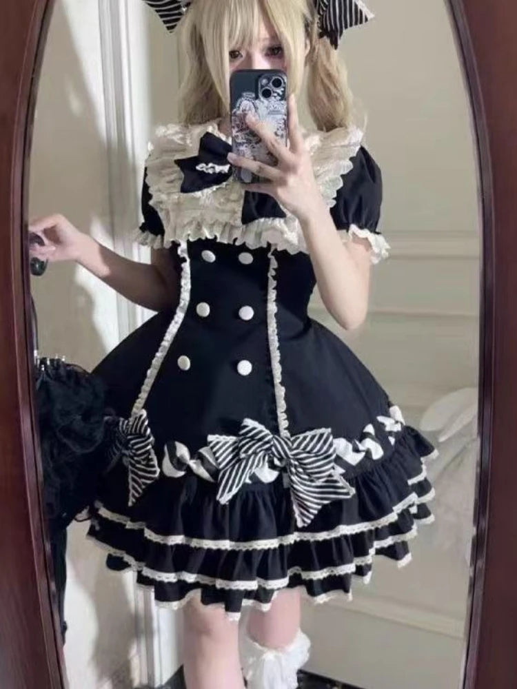 Women's Sweet Pink Lolita Princess Dress | Lovely Y2k Bow Chic Mini Dress | Female Korean Style Slim Fit Outfits | Premium Tatting Short Puff Sleeve Summer A-Line Dress Model Y250113 Luxegan