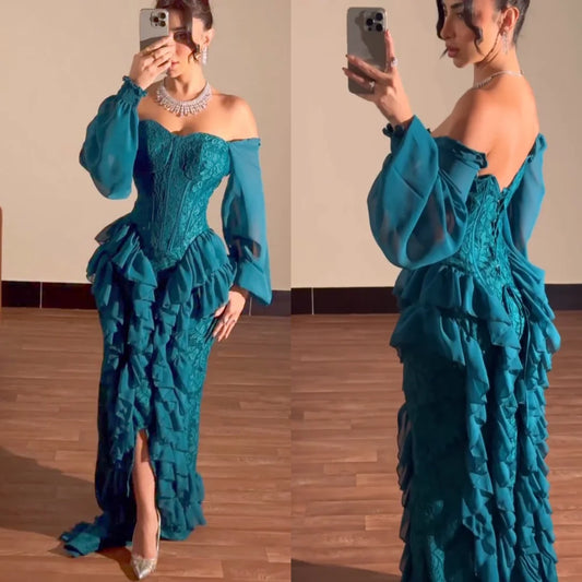 Off-the-Shoulder Sweetheart Ruffle Pleated Chiffon Trumpet Mermaid Floor-Length Evening Gown | Bespoke Formal Occasion Dress