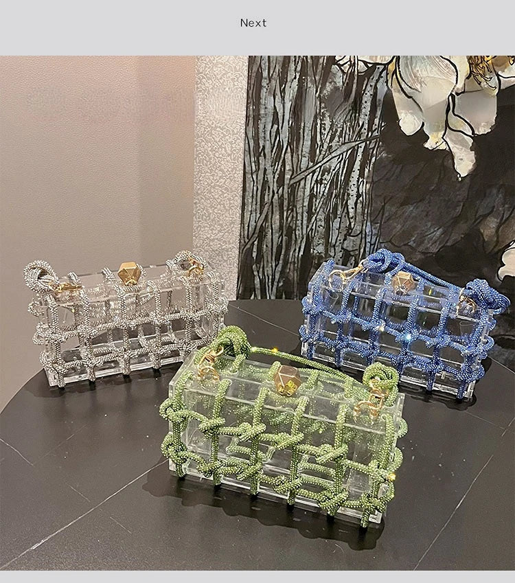 Diamond Clear Acrylic Box Evening Bag | Boutique Woven Knotted Rhinestone Purse | Luxury Party Clutch with Crystal Rope Handle & Metal Chain (Model 1201000988) Luxegan