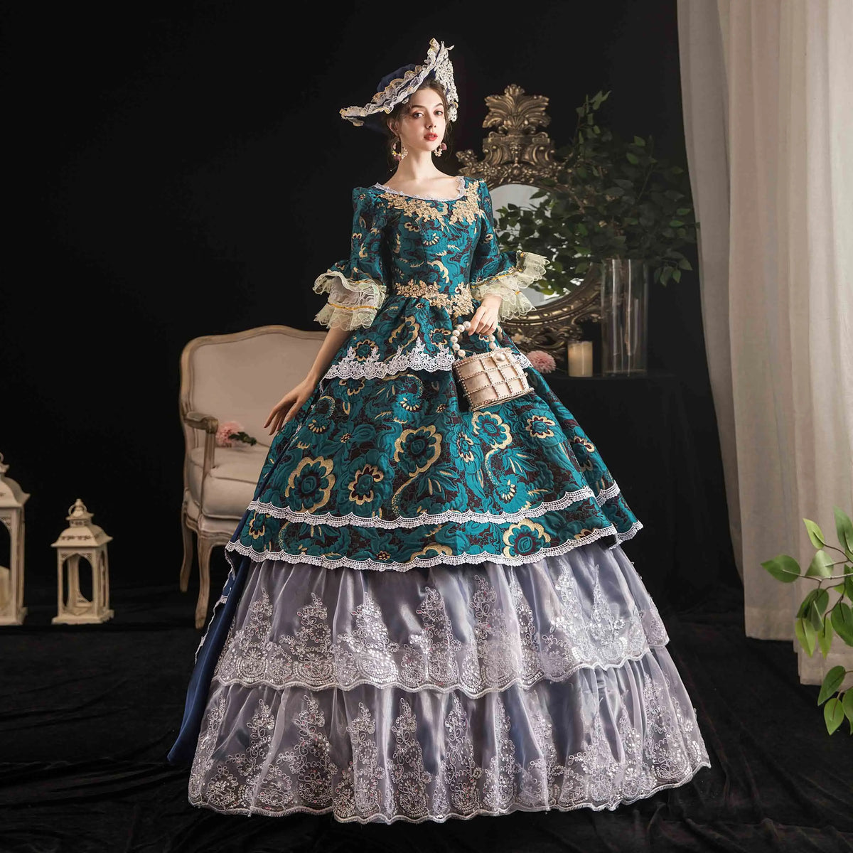 Victorian Renaissance Ball Gown – Square Neck, Flare Sleeve, Floor-Length, Empire Waist