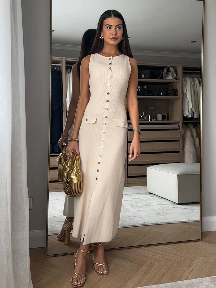 Sleeveless Button-Trim Sheath Maxi Dress | O-Neck Slim Fit Office & Vintage Dress Luxegan