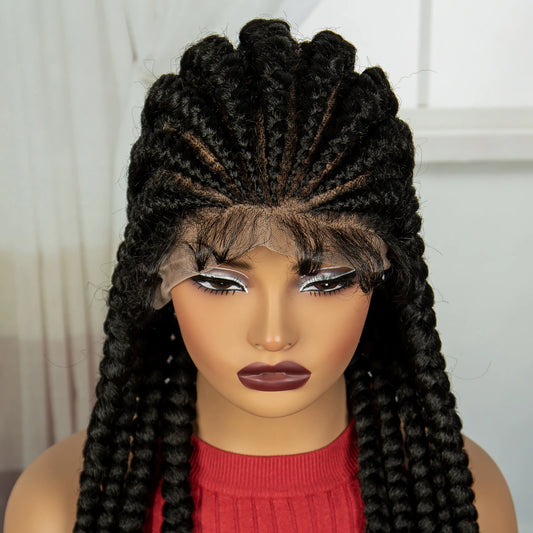 Synthetic Full Lace Cornrow Braided Wig – 32 Inch | Knotless Braids | Baby Hair | Transparent Lace | #1B Luxegan