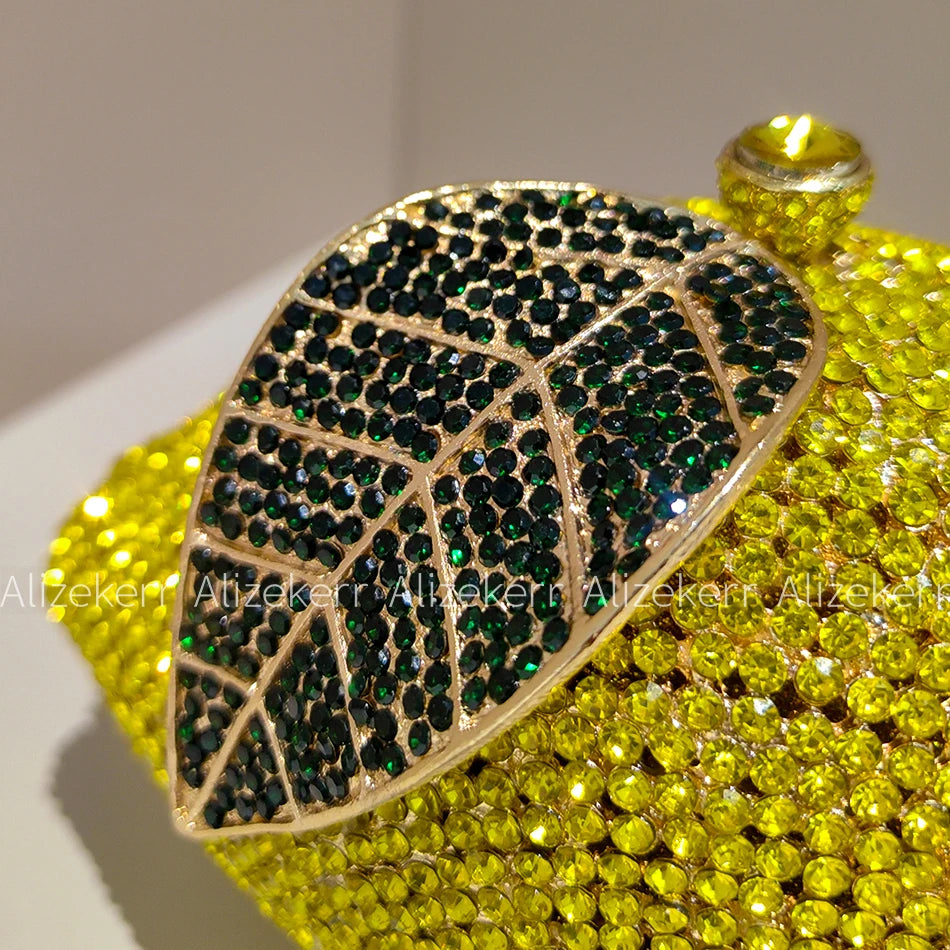 Gorgeous Lemon-Shaped Diamond Evening Bag | Unique Bling Rhinestone Metallic Purse | Luxury Crystal Wedding Party Handbag | Elegant Fruit-Shaped Dress Clutch for Women (Model AK-251115) Luxegan