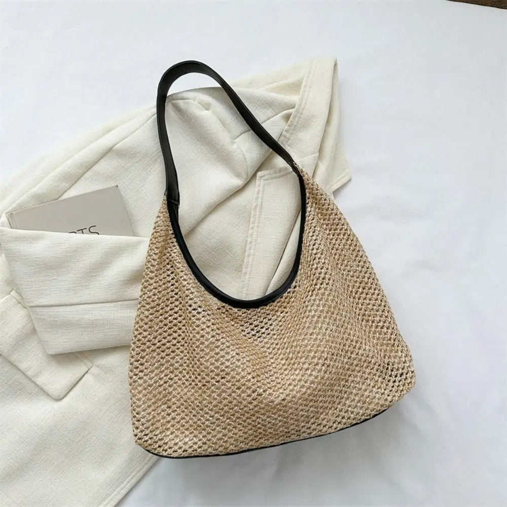 Casual Woven Straw Bucket Bag | Large Capacity Underarm Shoulder Bag | Women’s Fashion Solid Color Tote | Minimalist Summer Weave Handbag Luxegan