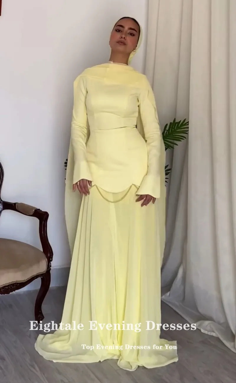 Women's Elegant Yellow Mixed-Media Prom Gown | Customized Satin Top & Chiffon Skirt Mermaid Evening Dress | Beaded Muslim Wedding Party Dress | Built-In Bra Floor-Length Illusion Vestido Model 2E25-6182 Luxegan