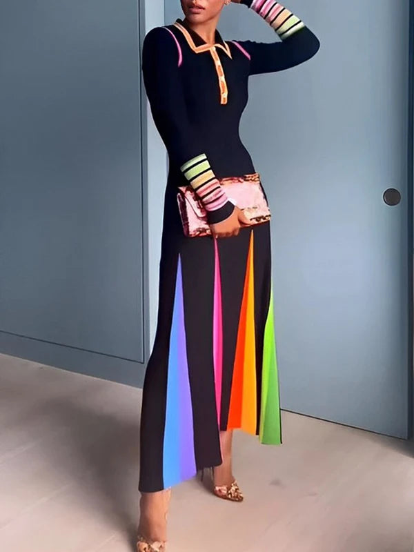 Colorful Striped Elegant Dress | Sophisticated Lapel Polo Collar Silhouette | Elegant "Mid-Calf" High Waist Gown | "Dignified" Office Lady Fit and Flare Design for Radiant Versatile Styling Luxegan