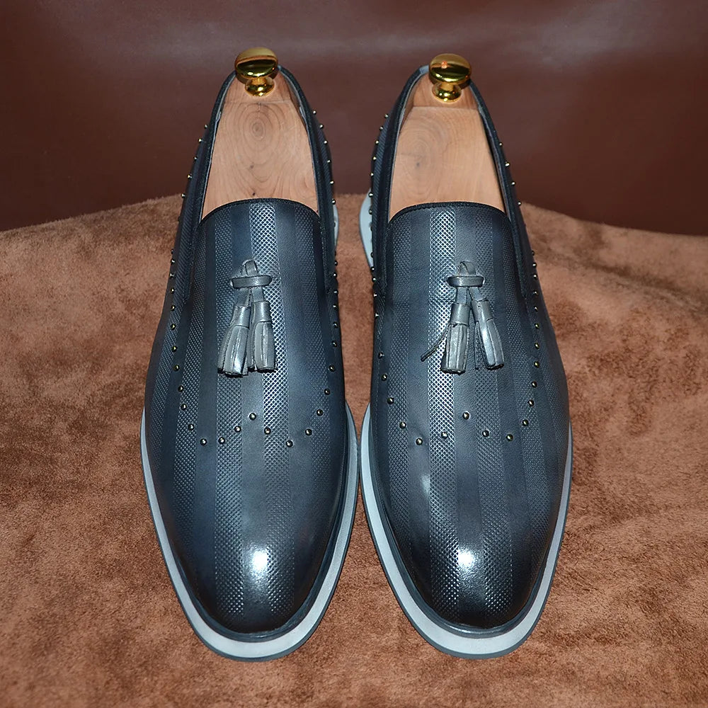Classic European Gray Genuine Leather Loafers | Sophisticated Rivet & Tassel Accents | Elegant "Genuine Cow Leather" Silhouette | "Dignified" Sheepskin Insole & Non-Slip Rubber for Radiant Versatile Styling Luxegan