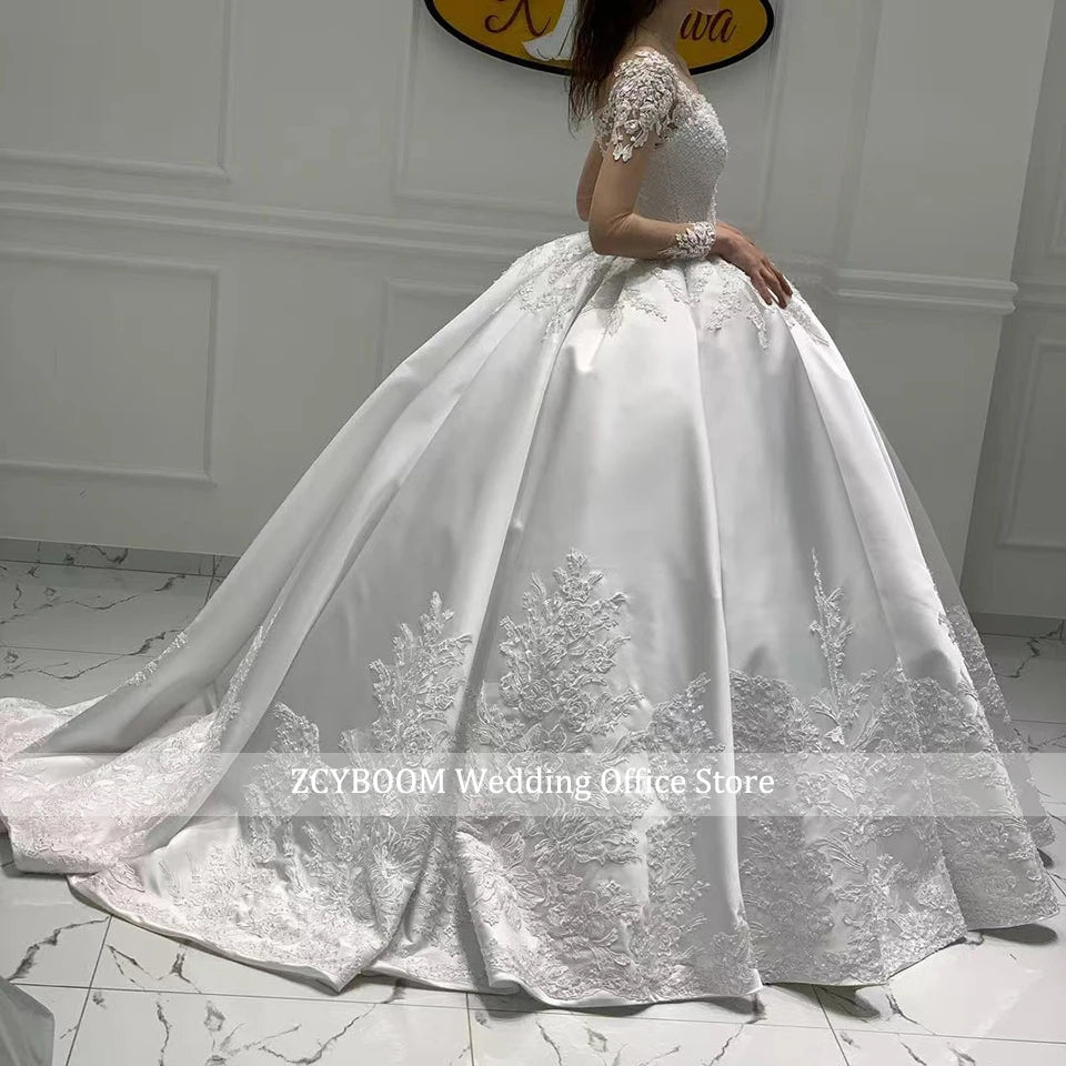 Customized Satin Ball Gown Long Sleeves Wedding Dress 2026 Princess Lace Appliques Pearl Beaded Bride Gown Vestido De Novia