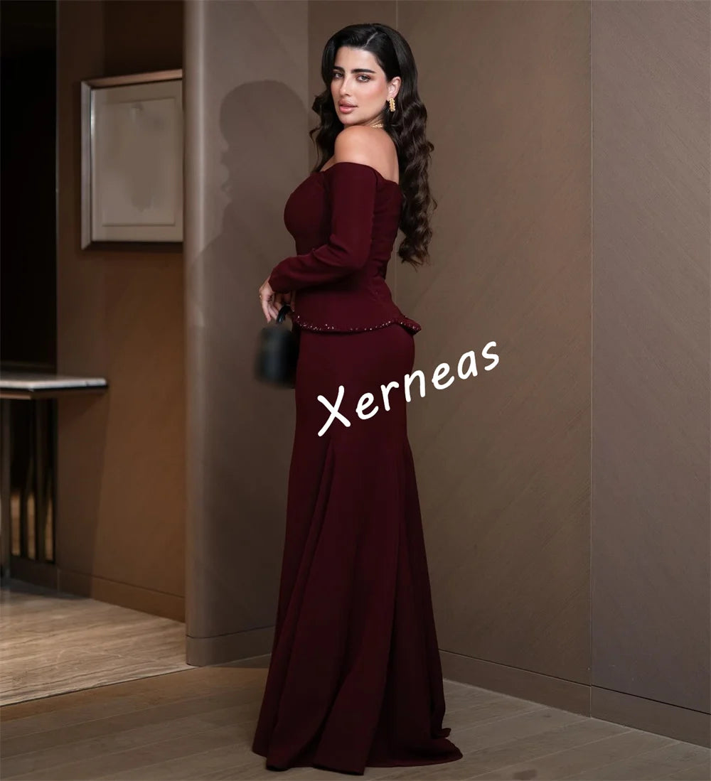 Glitter Jersey Off-Shoulder Trumpet Gown – Long Sleeve, Floor-Length Evening Dress Luxegan