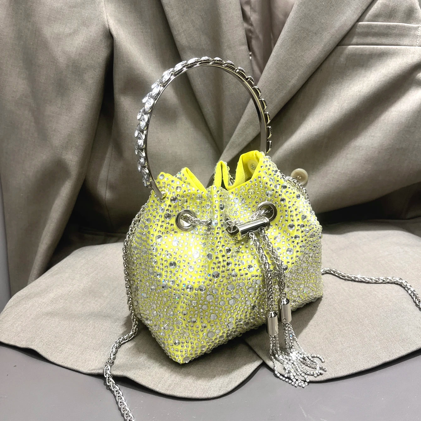 Luxury Designer Rhinestone Evening Clutch | Shiny Crystal Bucket Handbag & Fashion Shoulder Bag Luxegan