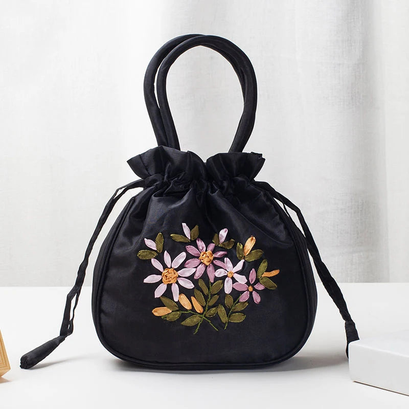 Bolsos Retro Bordados con Cordón Bolsas de Almacenamiento Carteras Monederos Tarjeteros Bolsos de Hombro Tipo Cubo Bolsos de Muñeca